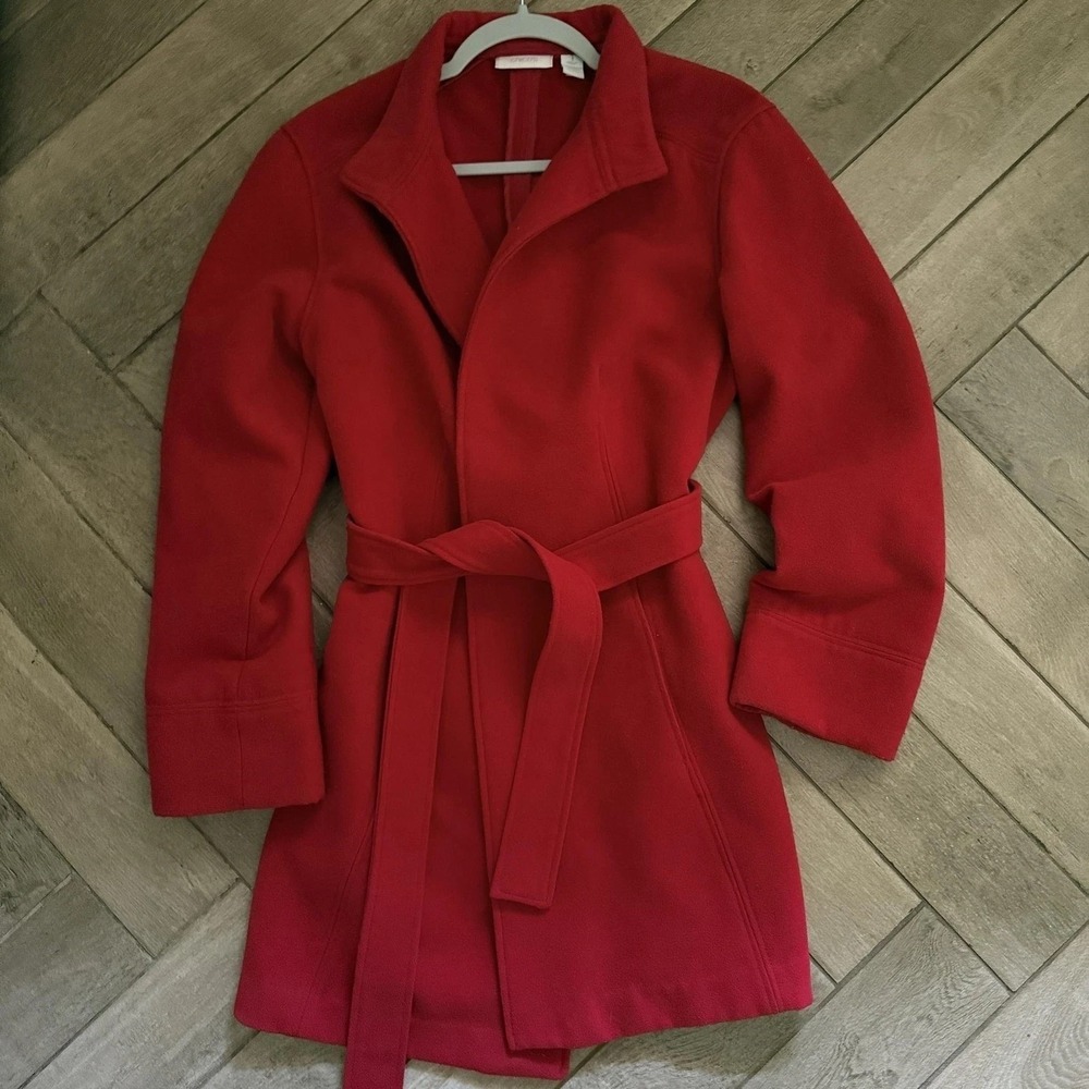 Chico's Coat Womens 6 (1) True Red Fleece Belted Tie Academia Preppy Chic Classy